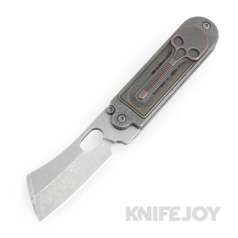 Serge Knives Bean Midtech Nitro-v Blade with Brass Inlays/ Copper Skull/ Titanium Handles