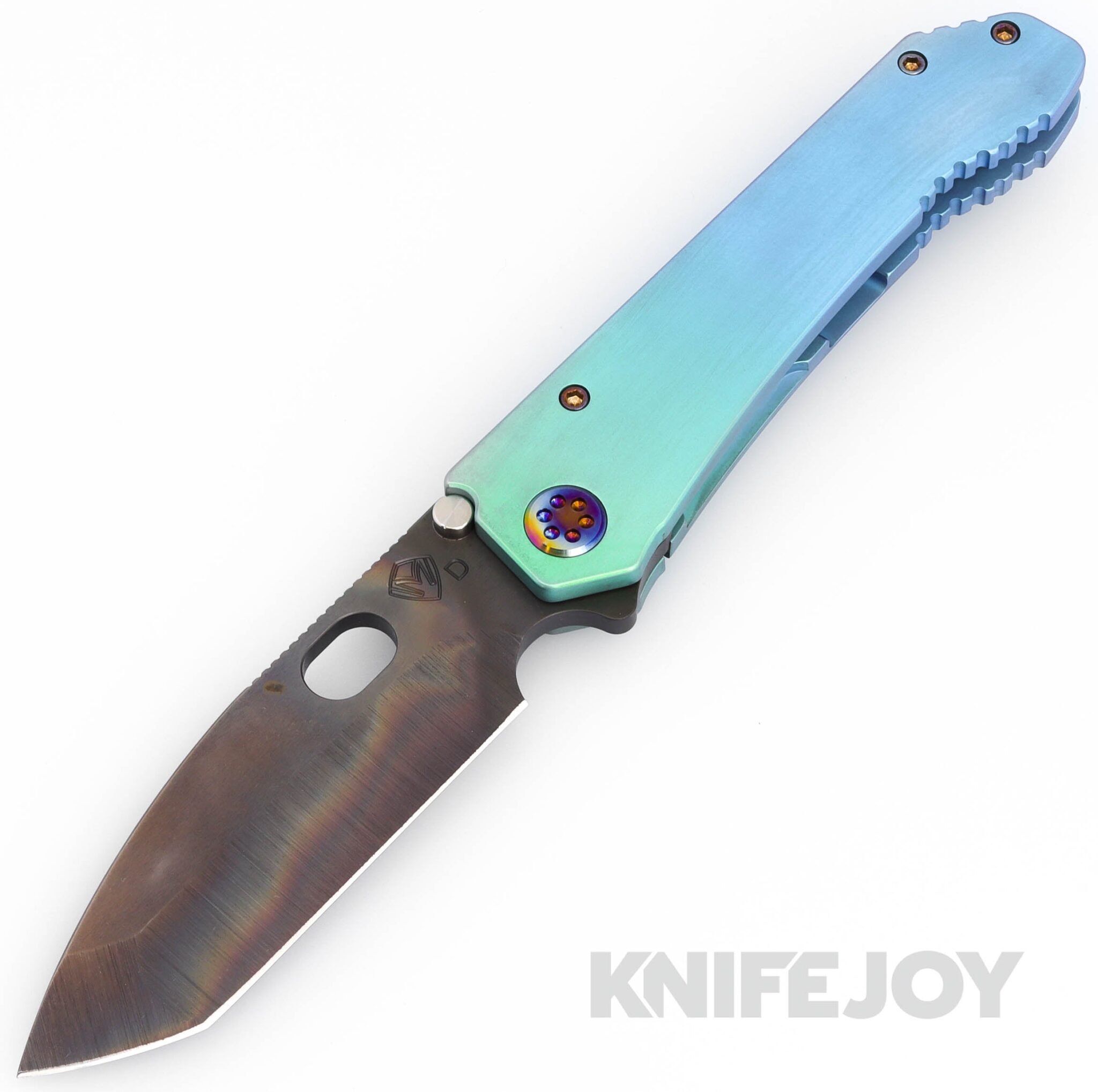 Medford Knives 187DPT D2 Vulcan Tanto Blade with Old School Blue-Green Fade Handles/ Flamed Hardware and Clip