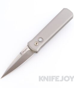 Pro-tech Knives SHOT26.Godson.1 Auto Godson Folder Satin Plain Blade with Grey Solid Handles / White Pearl Button / Satin Hardware / Polished Clip
