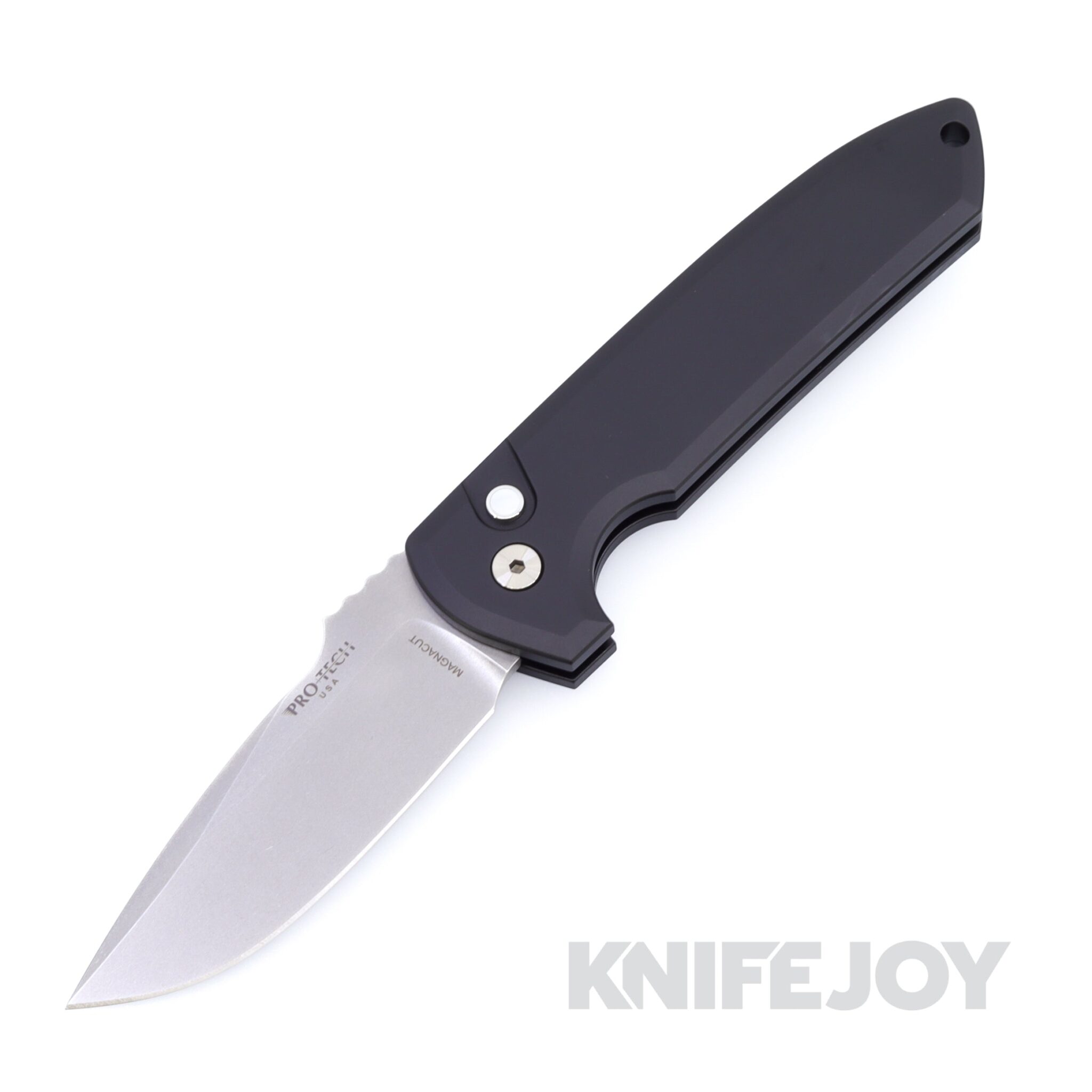 Pro-Tech Knives SHOT26.Rockeye.1 Rockeye Auto Stonewash Blade with Solid Black Handles / Satin Hardware / Black Lip Pearl Button / Polished Clip