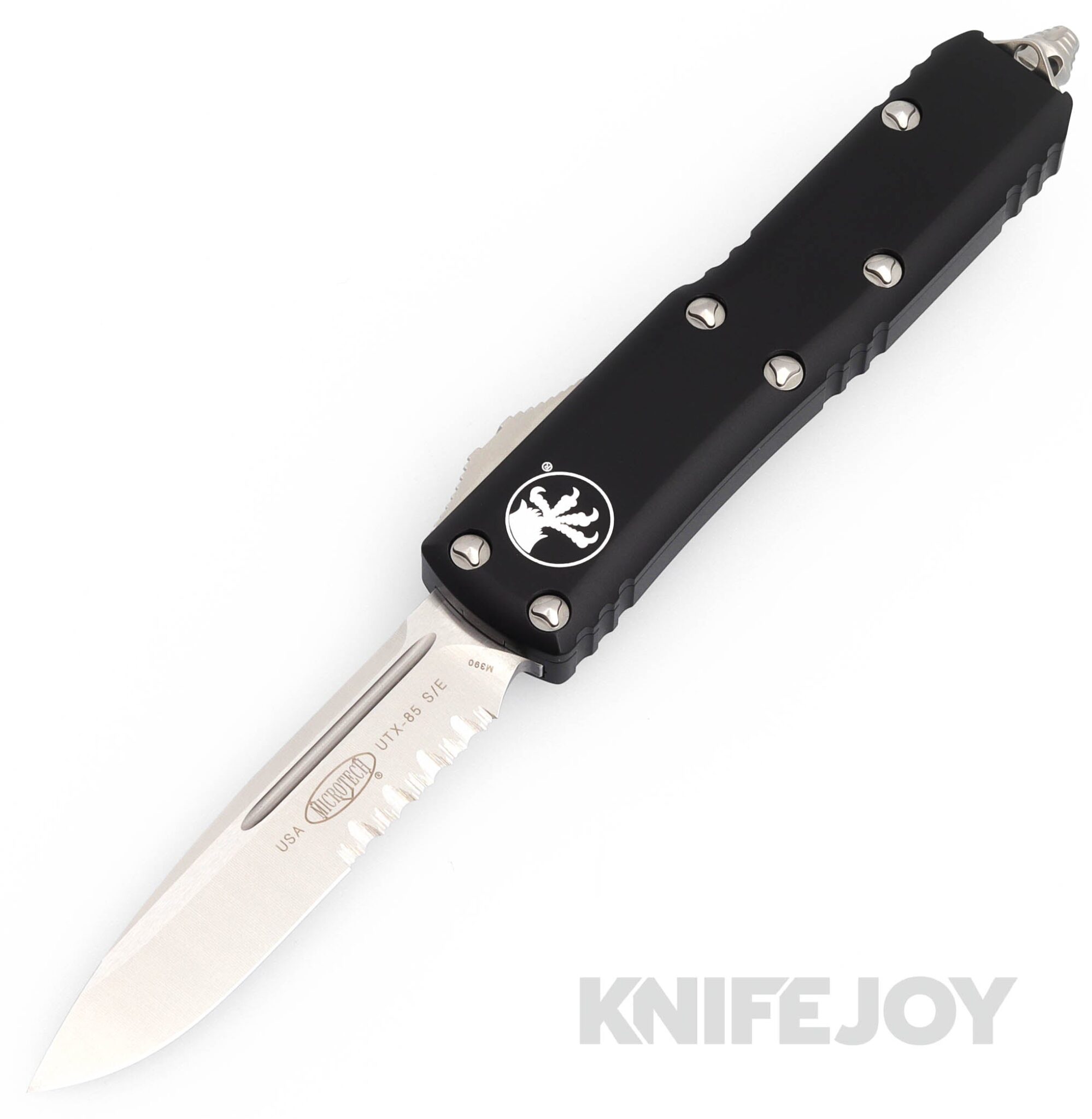 MICROTECH 231-11 UTX-85 II OTF Auto Single Edge Stonewash Partially Serrated Blade with Black Aluminum Handles