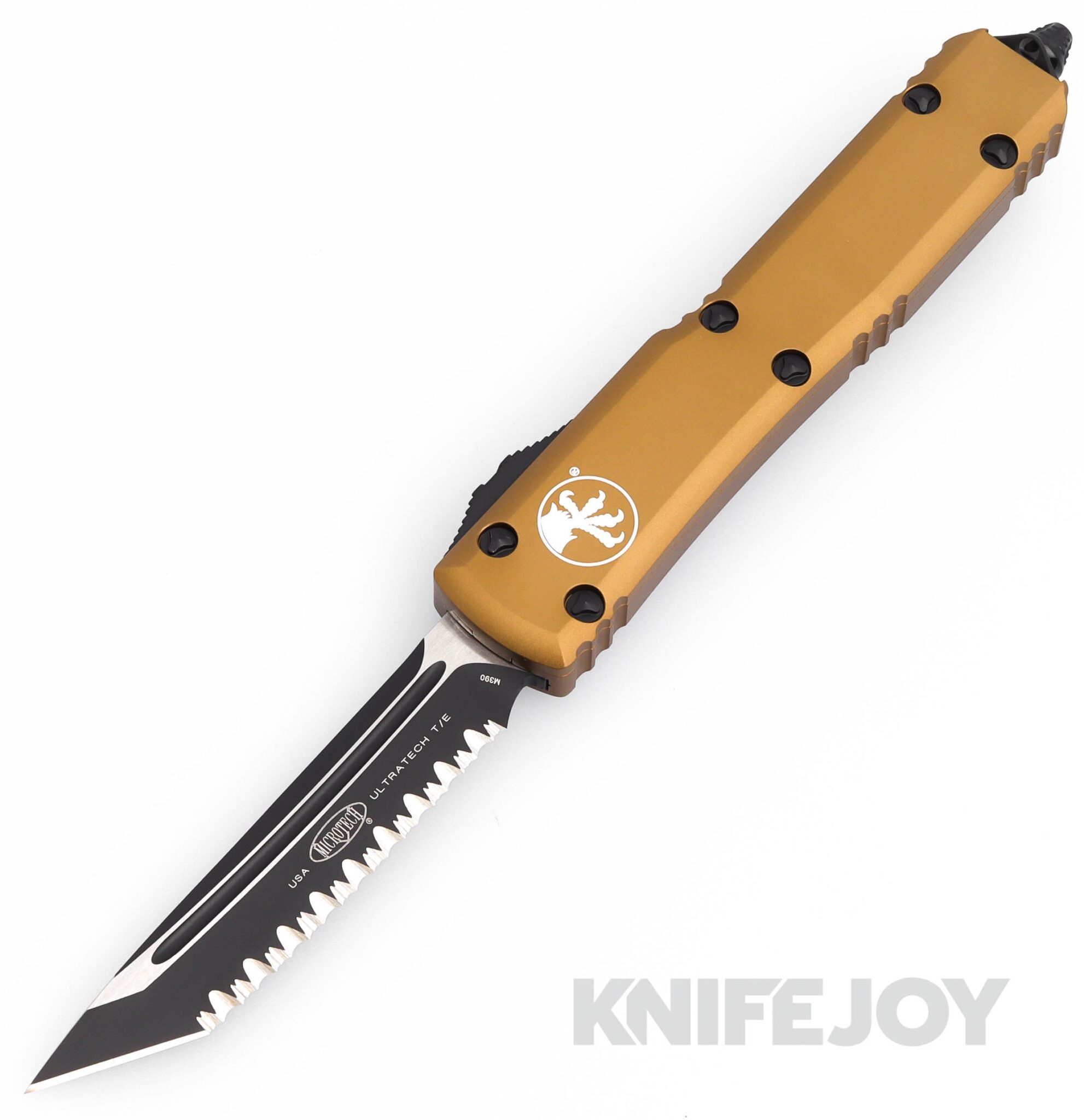 MICROTECH 123-1TA Ultratech OTF Auto Tactical Black Tanto Full Serrated Blade with Tan Aluminum Handles
