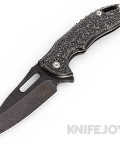 Mechforce Knives Rick Lala Collab Sentry Frame Lock Flipper Knife Black M390 Blade with Black Scroll Pattern Titanium Handles