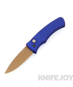 Pro-Tech Knives DUKE2103-LTD HERITAGE Duke 2 Auto Tan PVD Magnacut Blade with Dark Blue Aluminum Handles / Black Lip Pearl Button / Black Hardware and Clip