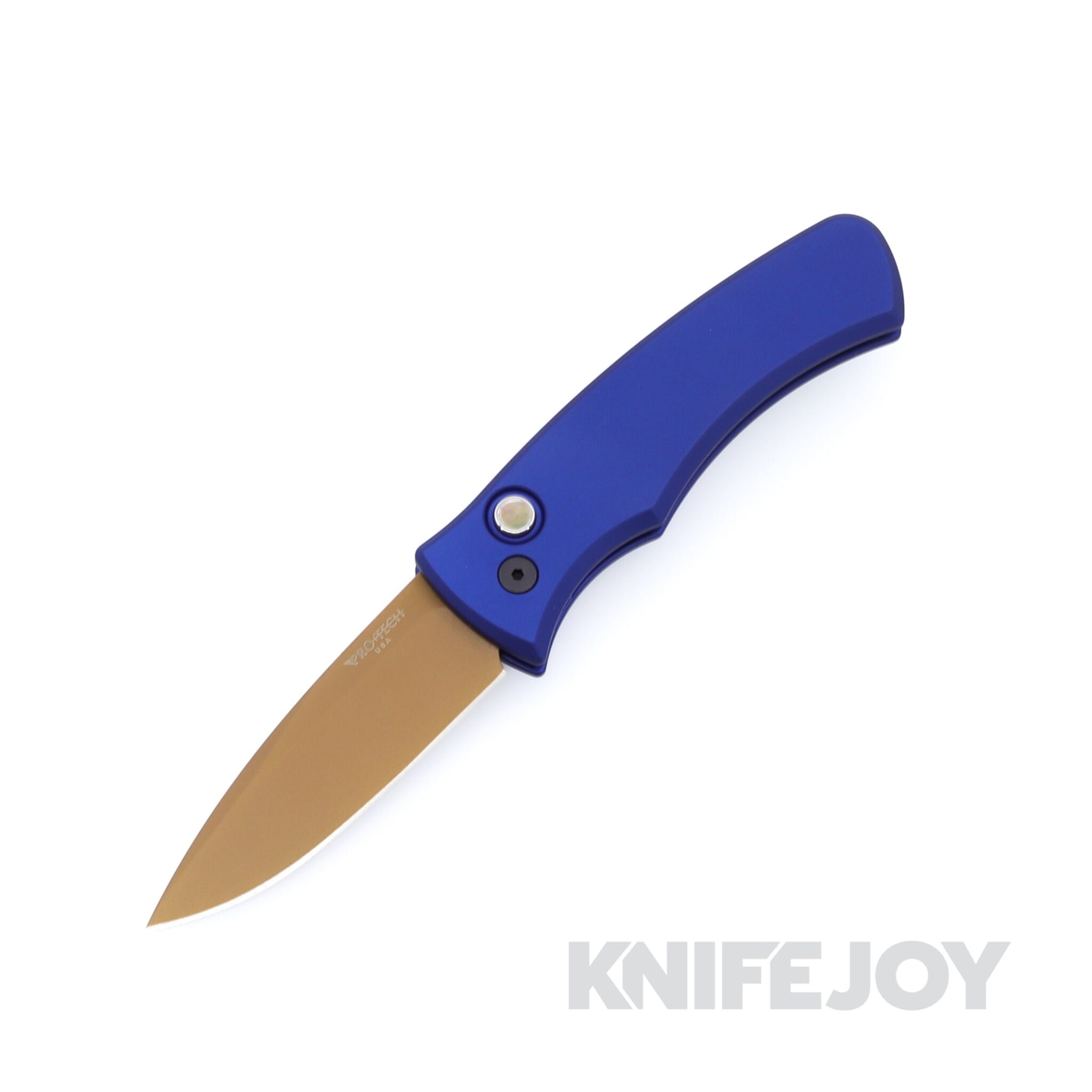 Pro-Tech Knives DUKE2103-LTD HERITAGE Duke 2 Auto Tan PVD Magnacut Blade with Dark Blue Aluminum Handles / Black Lip Pearl Button / Black Hardware and Clip