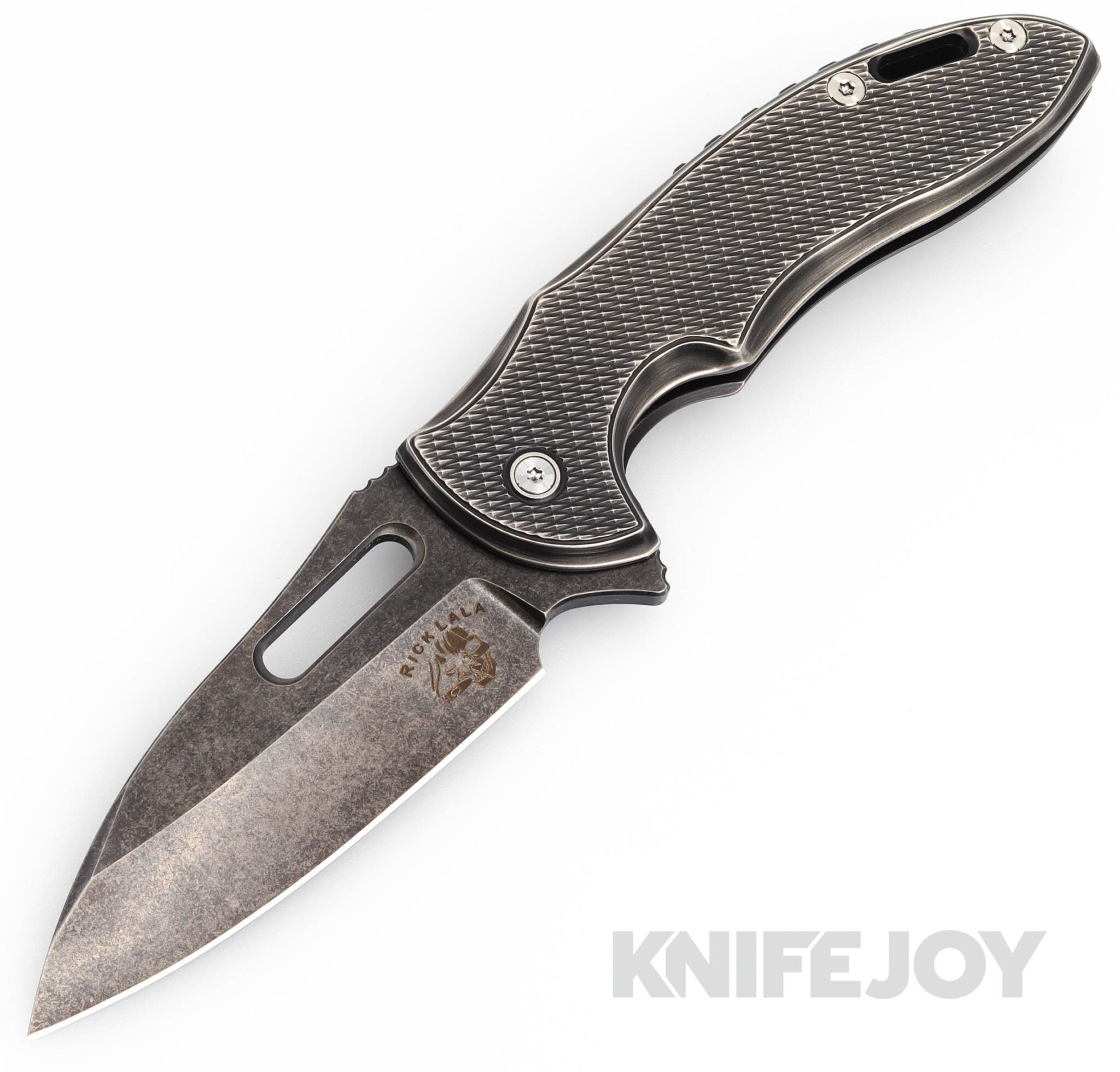 Mechforce Knives Rick Lala Collab Sentry Frame Lock Flipper Knife Limited Edition Black M390 Blade with Black Diamond Pattern Titanium Handles