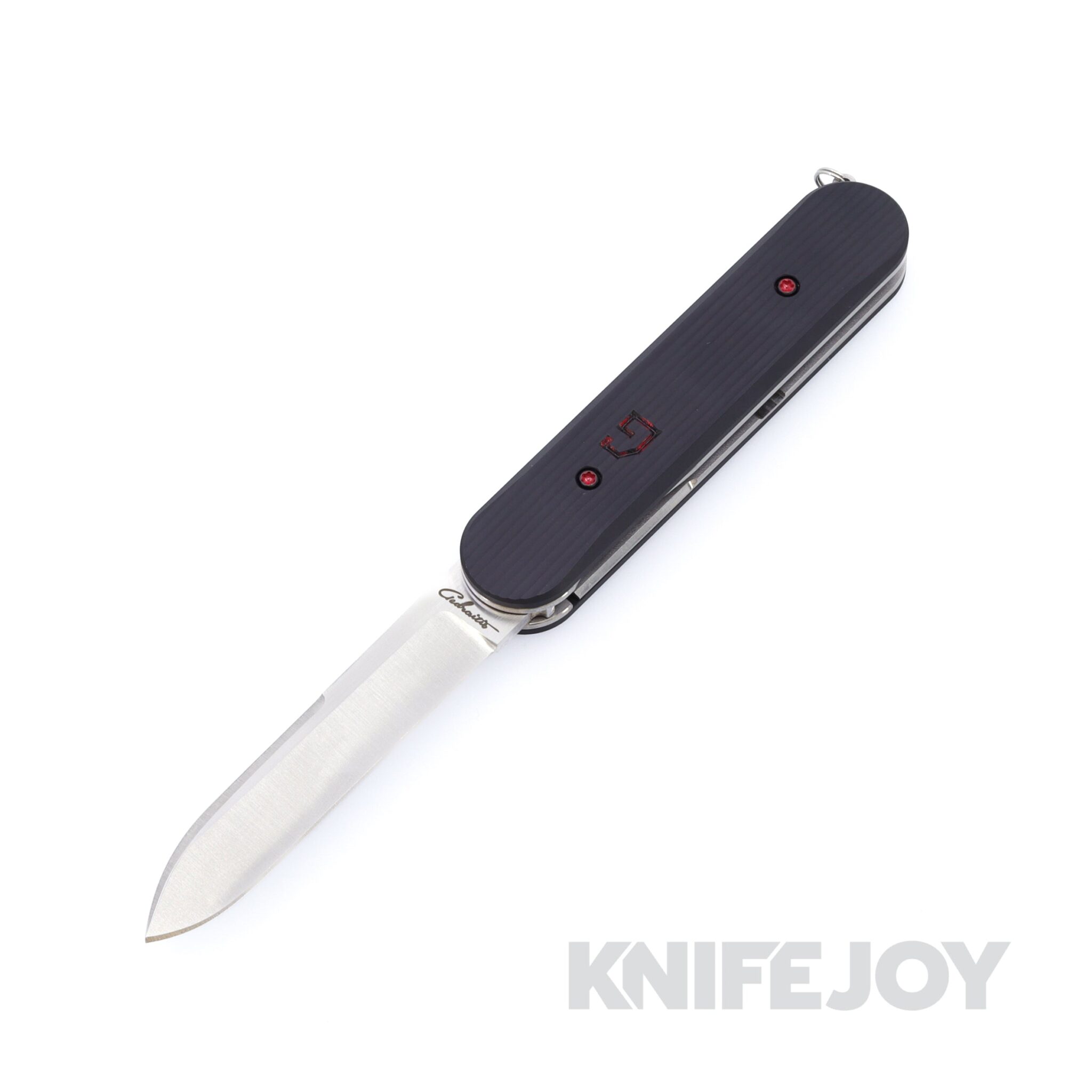 Chuck Gedraitis Custom Knives Switch Army Switchblade Knife Nitro-V Traditional Blade with Black Aluminum Scales / Red Ti Hardware