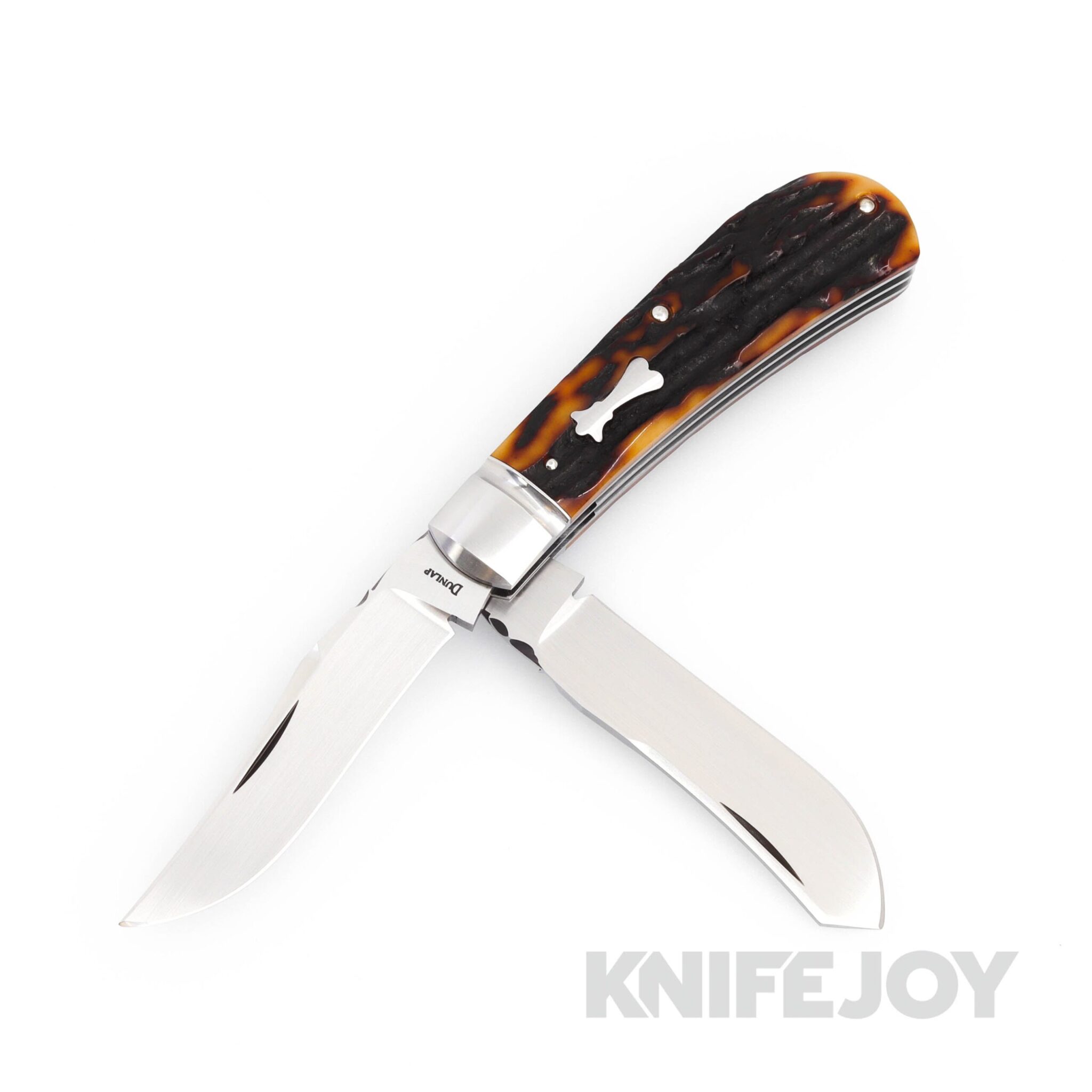 Jim Dunlap Custom Knives 2 Blade Trapper Slip Joint CPM 154 Blade with Amber Stag Handles/ Custom Filework