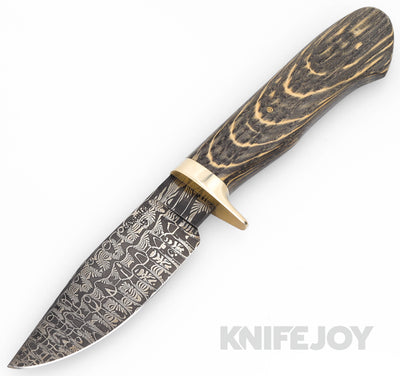 Camerer Knives Custom Fixed Blade Model Hunter/ Utility Forged Damascus with Bog Oak Handles/ Bronze Guard and Mosaic Pin