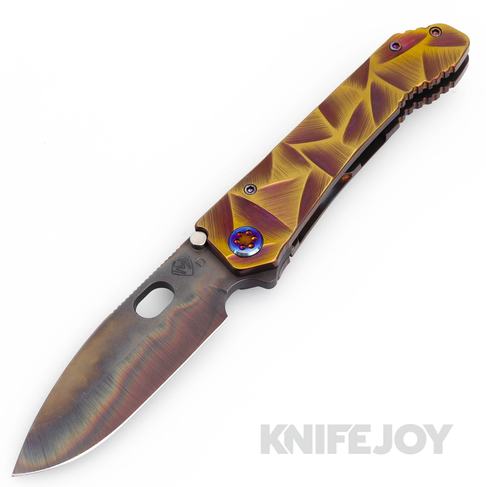 Medford Knives 187 DP D2 Vulcan Blade with BB/ Cement Bronze Stained Glass Handles/ Flamed Hardware and Bronze Clip