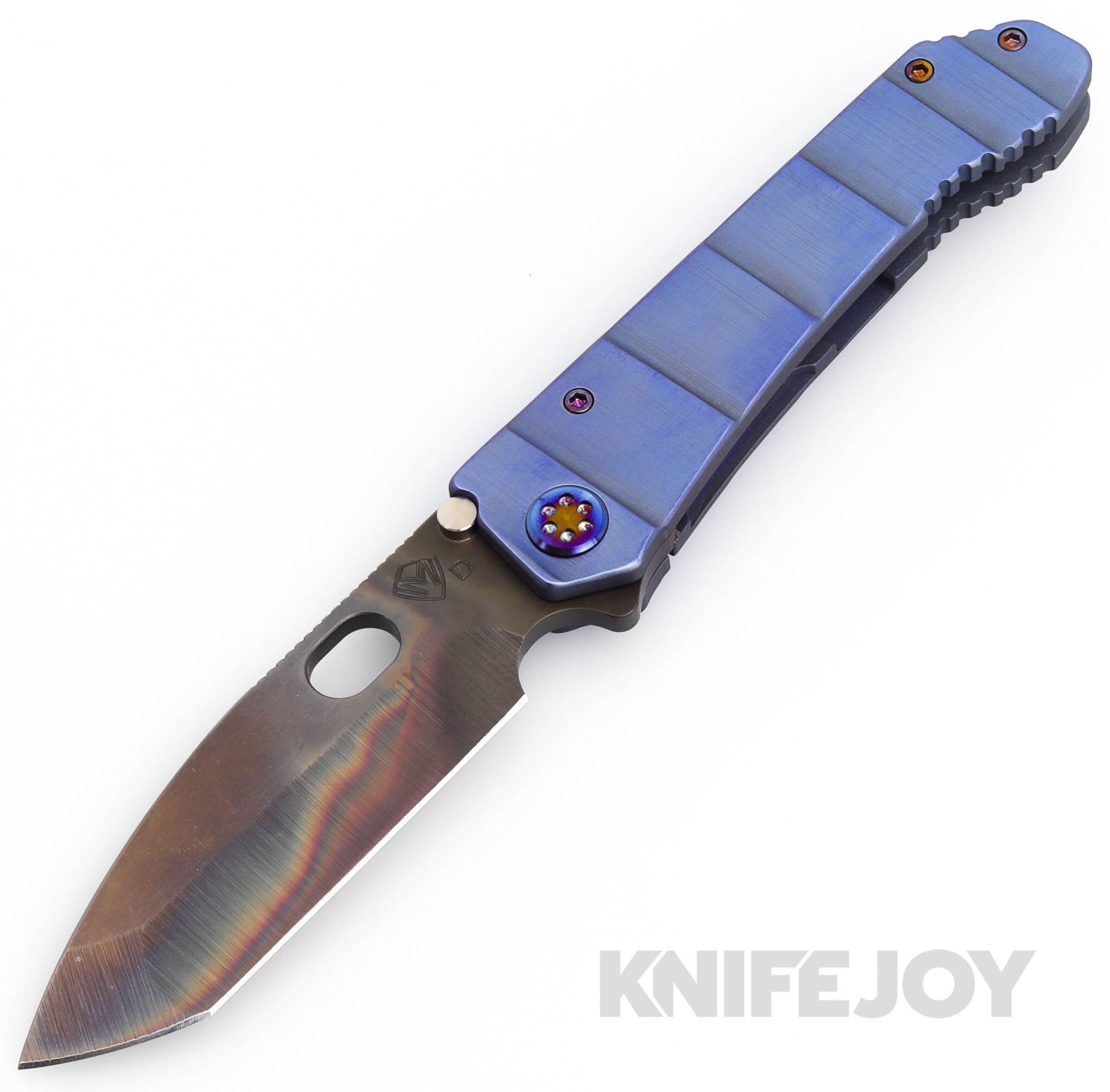 Medford Knives 187 DP D2 Vulcan Drop Point Blade with BB/ Blue Armadillo Handles/ Flamed Hardware/ Blue Clip