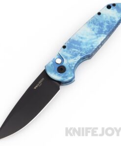 Pro-tech Knives TR 3 KnifeJoy Exclusive Auto with Black DLC 154CM Clip Point Blade with "Frostbite" Custom Anodized Aluminum Handles/ MOP Button/ Black Hardware/ Blue Titanium Clip