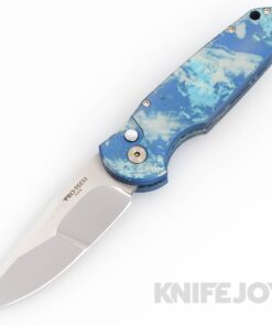 Pro-tech Knives TR 3 Auto KnifeJoy Exclusive 154CM Mike Irie Hand Ground Mirror Clip Point Blade with "Frostbite" Custom Anodized Aluminum Handles/ MOP Button/ Satin Hardware/ Blue Titanium Clip