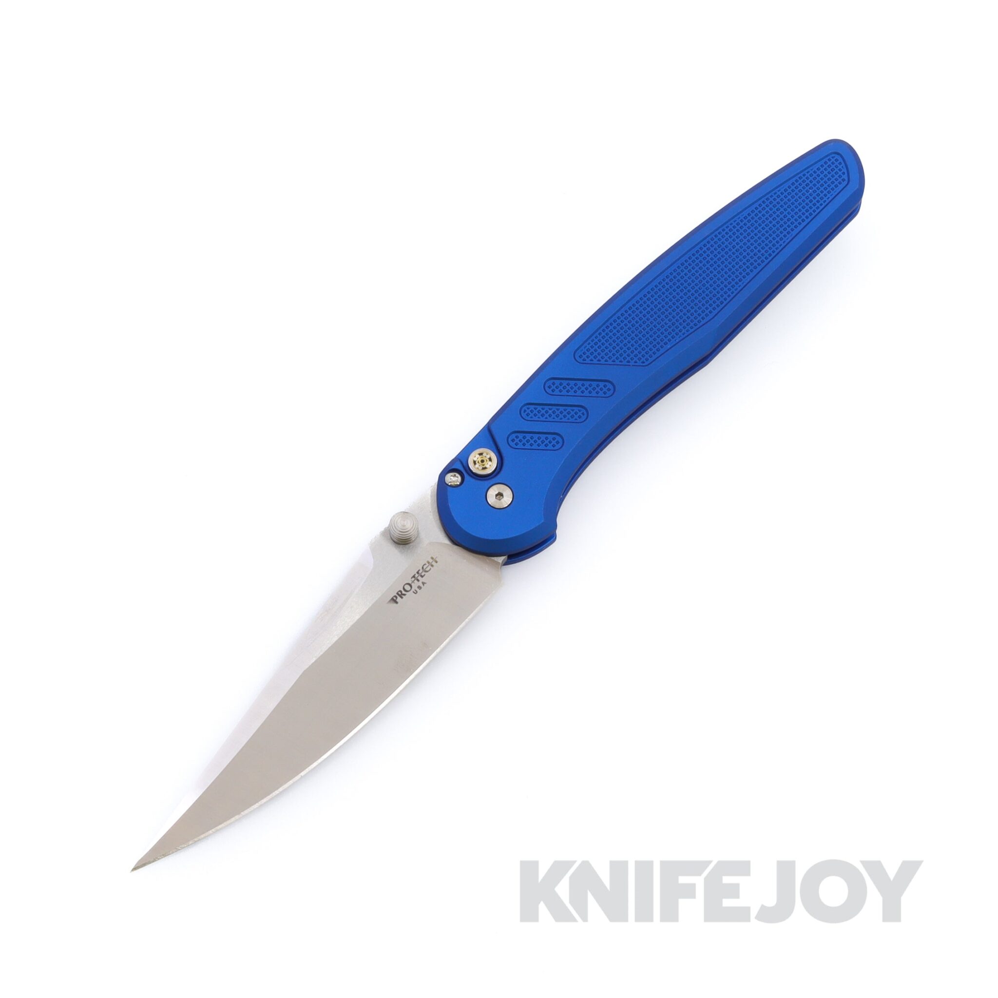 Pro-Tech x Peace Neighbor CCKSS26.Avalon.1 Avalon Machine Satin Magnacut Blade with Blue Knurled Aluminum Handles / Mosaic Pin Button / Satin Hardware and Thumbstud / Polished Clip