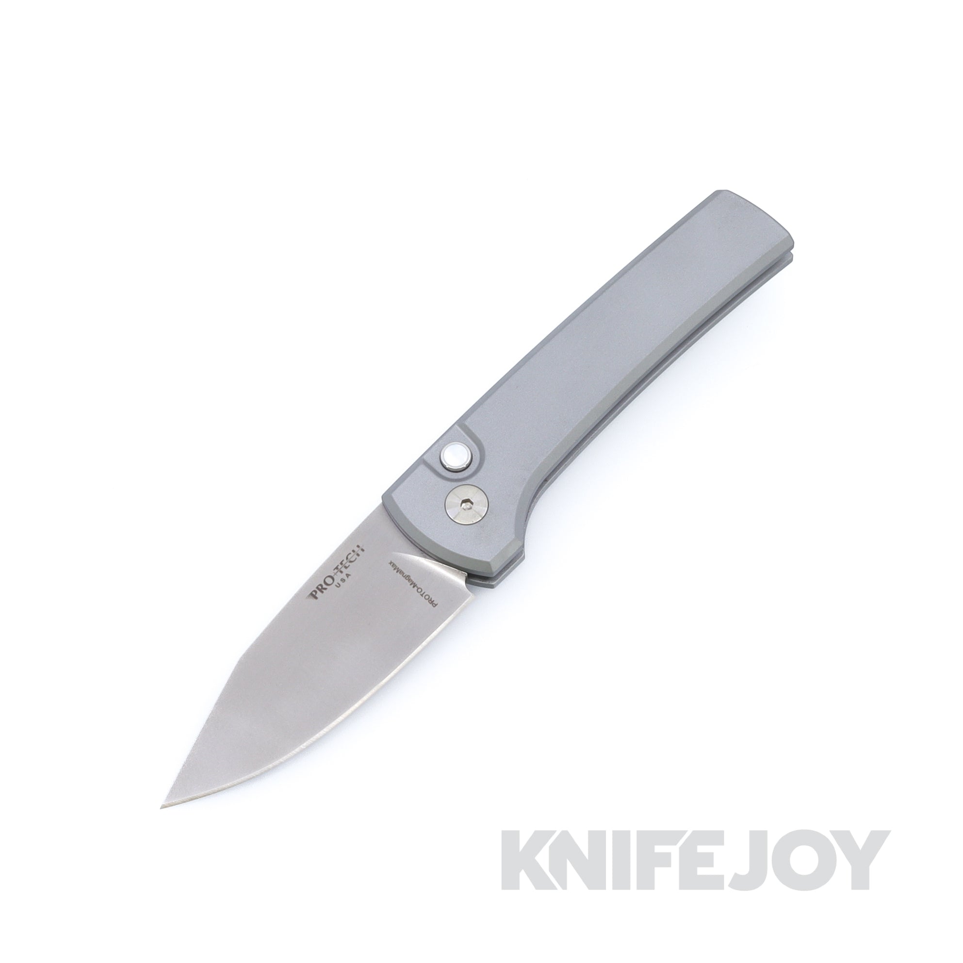 Pro-Tech x Chavez CCKSS26.Scapegoat.1 Scapegoat Compact Automatic Stonewash MagnaMax Blade with Grey Aluminum Handles / White Pearl Button / Polished Clip