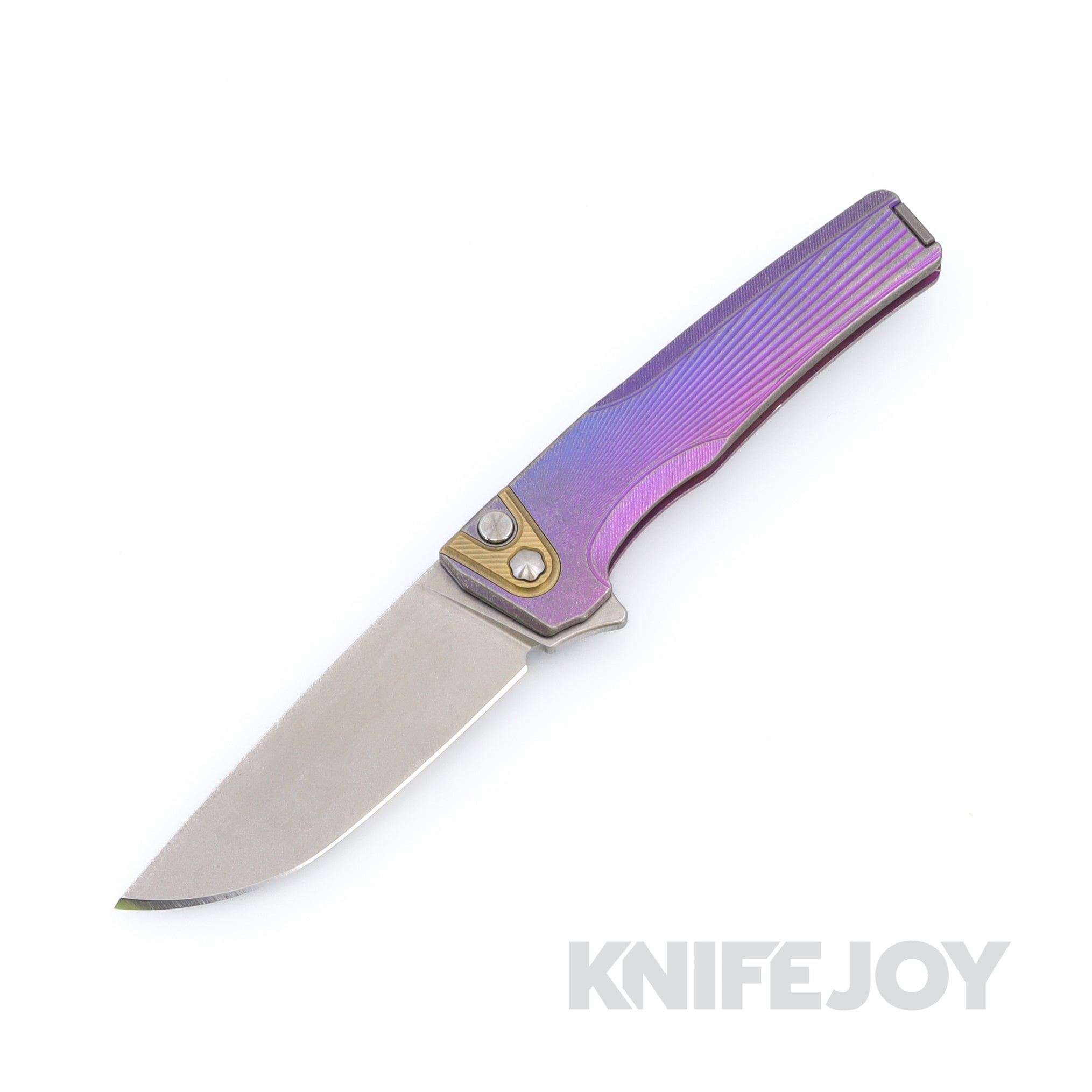MachineWise Sonora Button Lock Folder Stonewash Blade with Sunray Textured Grade 5 Distressed Vertical Midnight Fade Titanium Handles / Brass Bolster / Blasted Clip