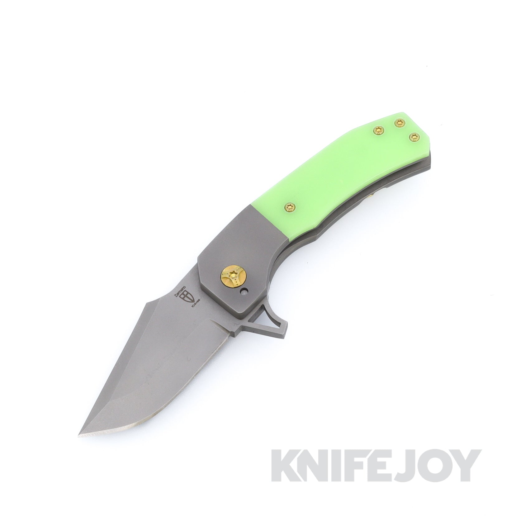 Zermeno Knives Tyr 80% Nitro-V Blade with Titanium Handles Dayglow Scale Flipper Titanium Hardware