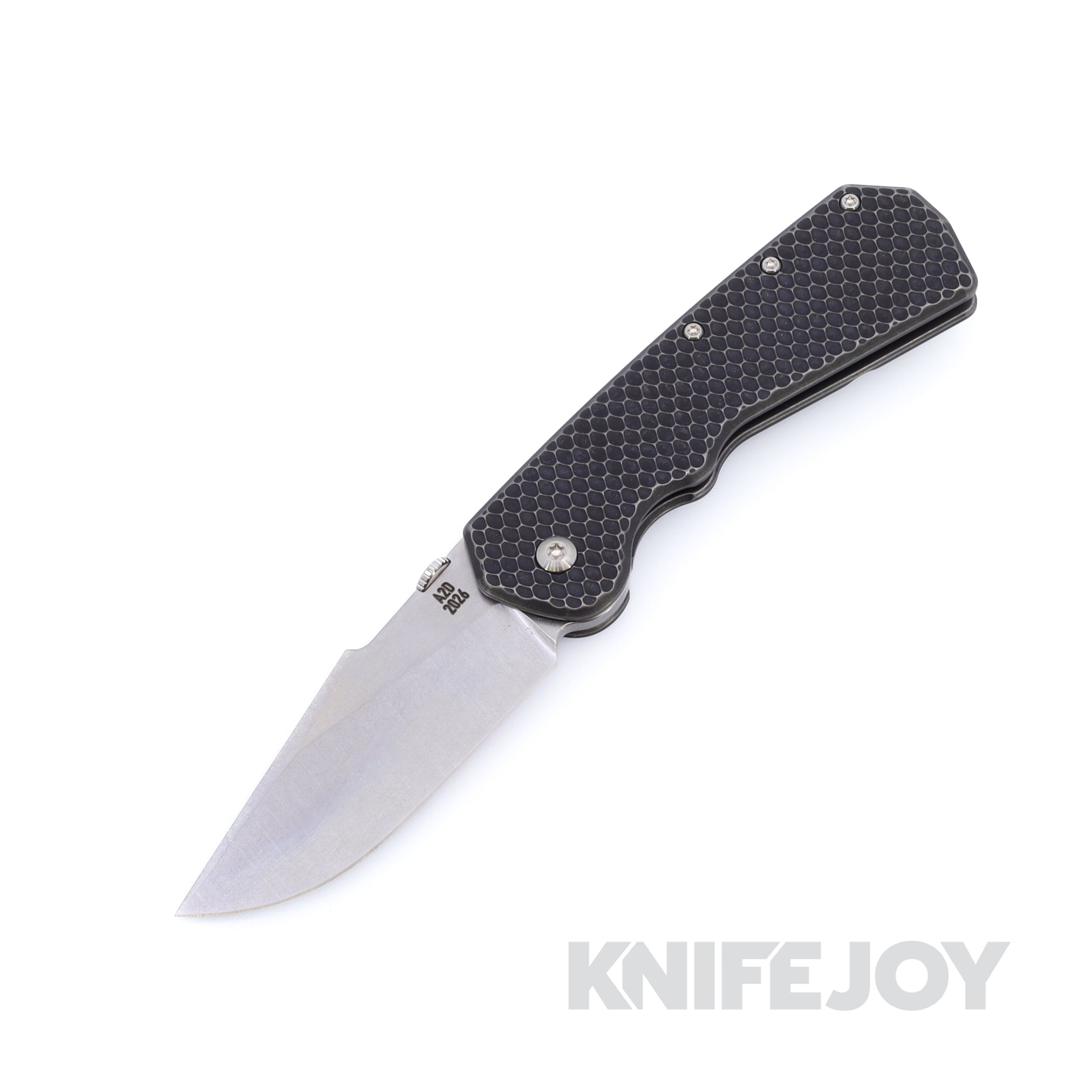 Attn2Detail Mercantile Knives Delta Stonewashed Satin Magnacut Harpoon Rising Grind Blade with Double Divot Textured Blackwash Titanium Handles
