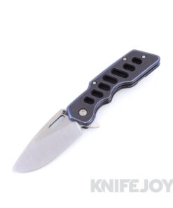 Attn2Detail Mercantile Knives Mark 1 Medium Stonewash Satin Magnacut Drop Point Rising Grind Blade with Blackwash / Blurple Speedhole Titanium Handles