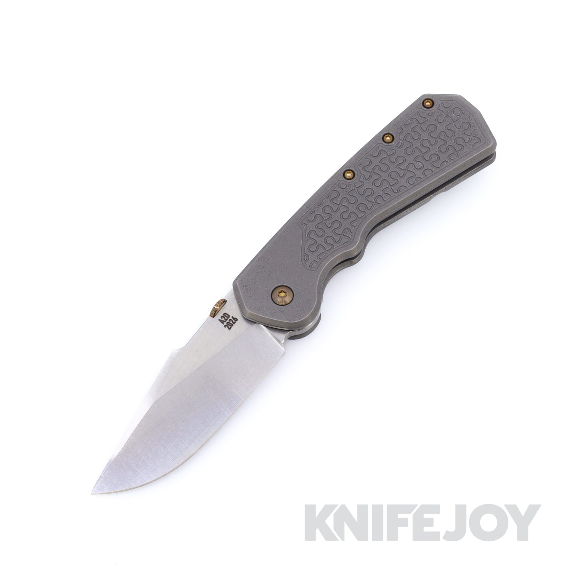 Attn2Detail Mercantile Knives Delta Stonewashed Satin Magnacut Harpoon Rising Grind Blade with Stonewash Puzzle "Inlay" Textured Titanium Handles