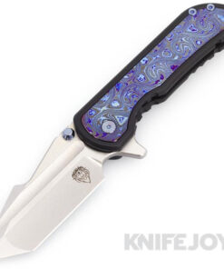 Mechforce Knives Alphahunter Collab Frame Lock Flipper Knife Compound Grind Stonewashed Blade with Timascus and Glass BB Black Titanium Handles