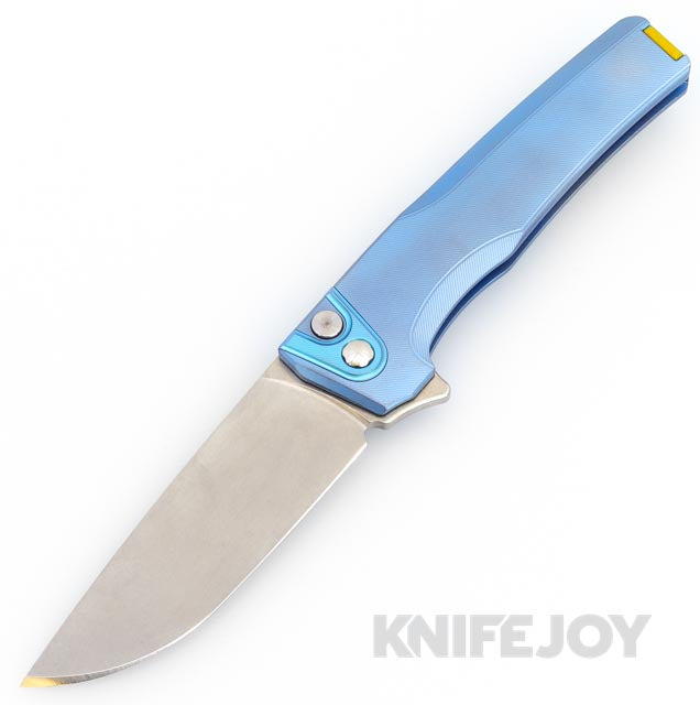 MachineWise Sonora Button Lock Folder Magnacut with Light Blue Fine Step Textured Grade 5 Integral Titanium Handles/ Teal Titanium Bolster