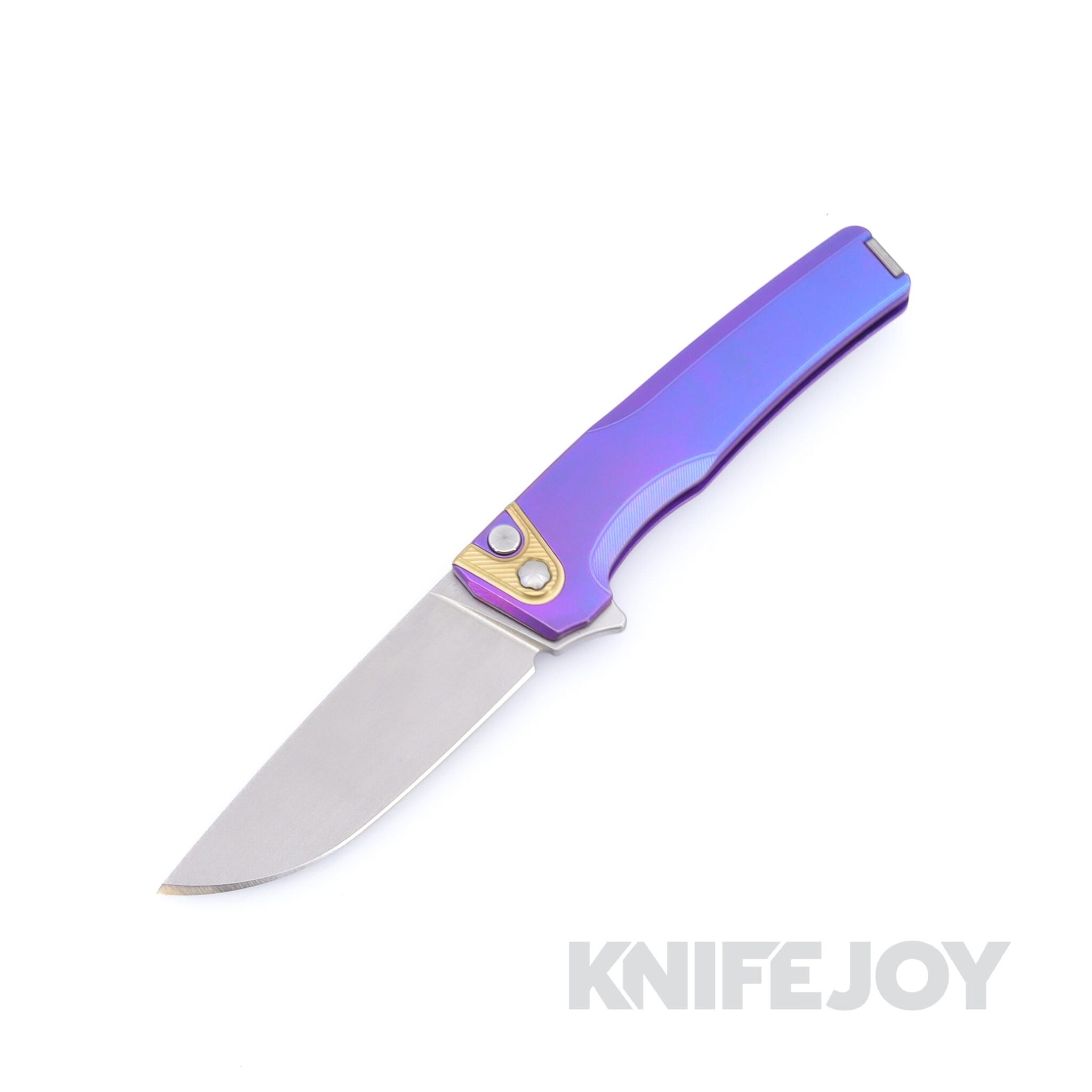 MachineWise Sonora Button Lock Folder Stonewash S90V with Smooth Grade 5 Integral Blurple Titanium Handles / Brass Bolster / Blasted Clip