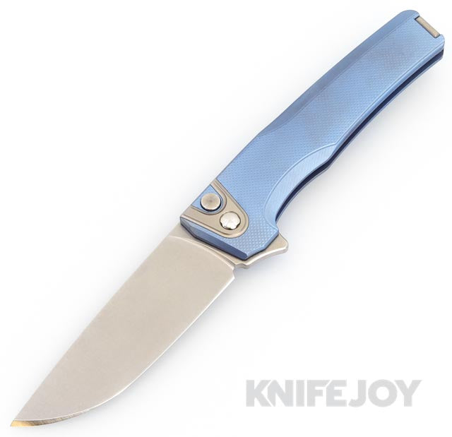 MachineWise Sonora Button Lock Folder Lightwash S35VN with Light Blue Fine Step Textured Grade 5 Integral Titanium Handles/ Titanium Bolster