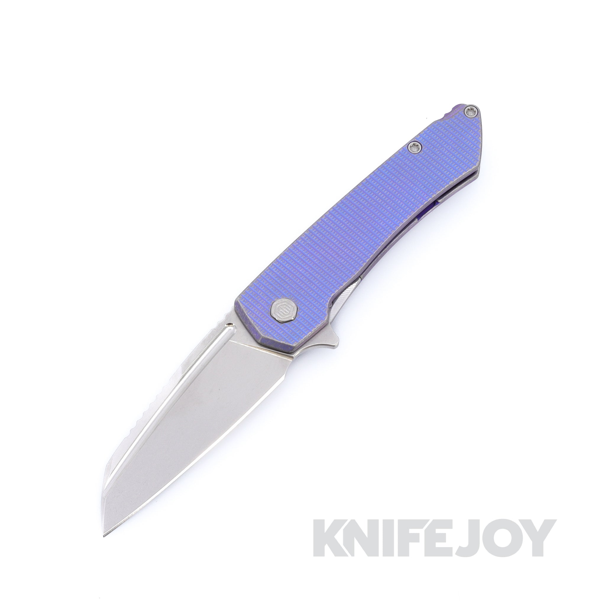 MachineWise Mojave Frame Lock Folder Stonewash S90V with Grenade Textured Grade 5 Distressed Blurple Integral Titanium Handles / Spacer / Clip
