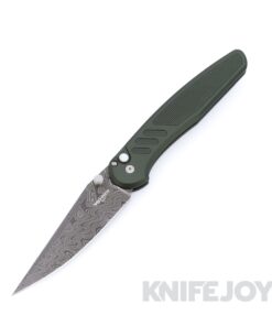 Pro-Tech x Peace Neighbor 2026 Avalon Custom 003 Avalon Nichols Boomerang Damascus Blade with Green Knurled Aluminum Handles / White Pearl Button / Satin Hardware and Thumbstud / Polished Clip
