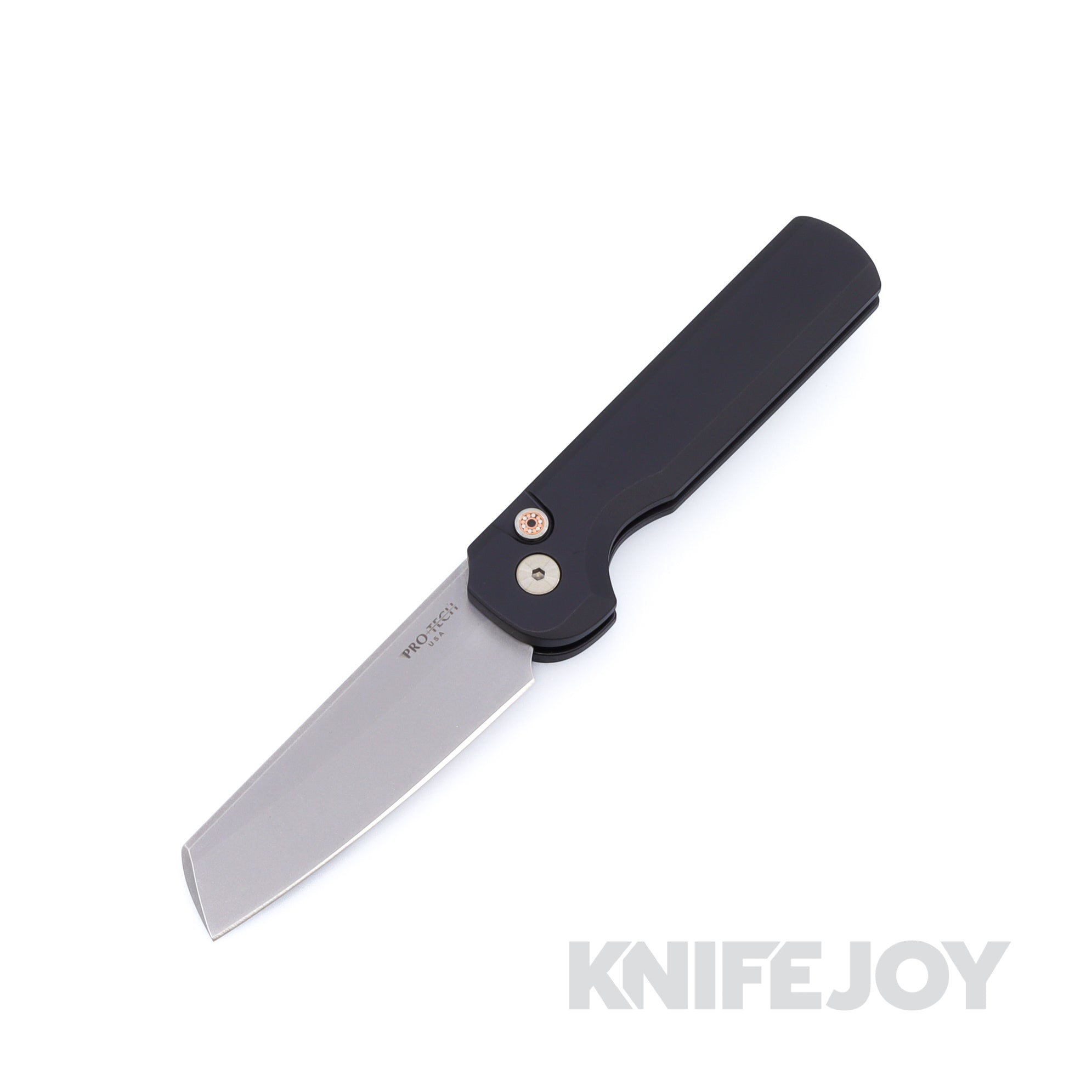Pro-tech x TuffKnives BST26.Slimfoot.1 Auto Slimfoot Stonewash Sheepsfoot Magnacut Blade with Black Solid Aluminum Handles / Mosaic Pin Button / Satin Hardware / Black Clip