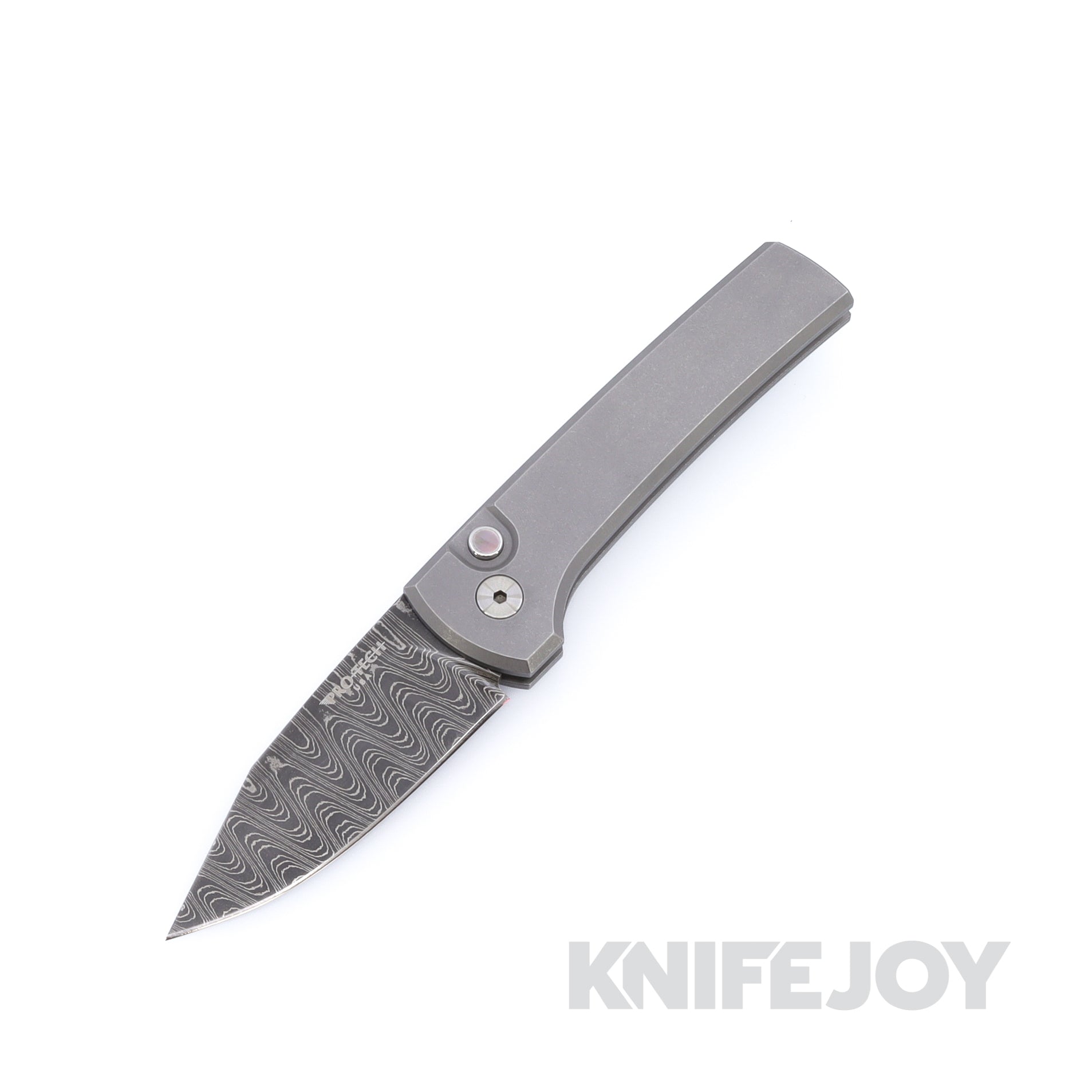 Pro-Tech x Chavez 2026 Scapegoat Custom 004 Scapegoat Compact Prototype Automatic Vegas Forge Ladder Damascus Blade with Blasted and Stonewashed 17-4 Heat-Treated Steel Handles / Black Lip Pearl Button / Satin Hardware / Blue Anodized Titanium Clip