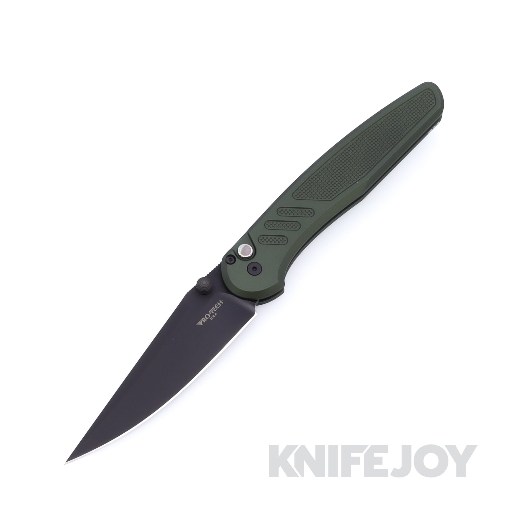 Pro-Tech x Peace Neighbor BST26.Avalon.1 Avalon DLC Black Magnacut Blade with Green Knurled Aluminum Handles / Black Lip Pearl Button / Black Hardware and Thumbstud / Black Clip