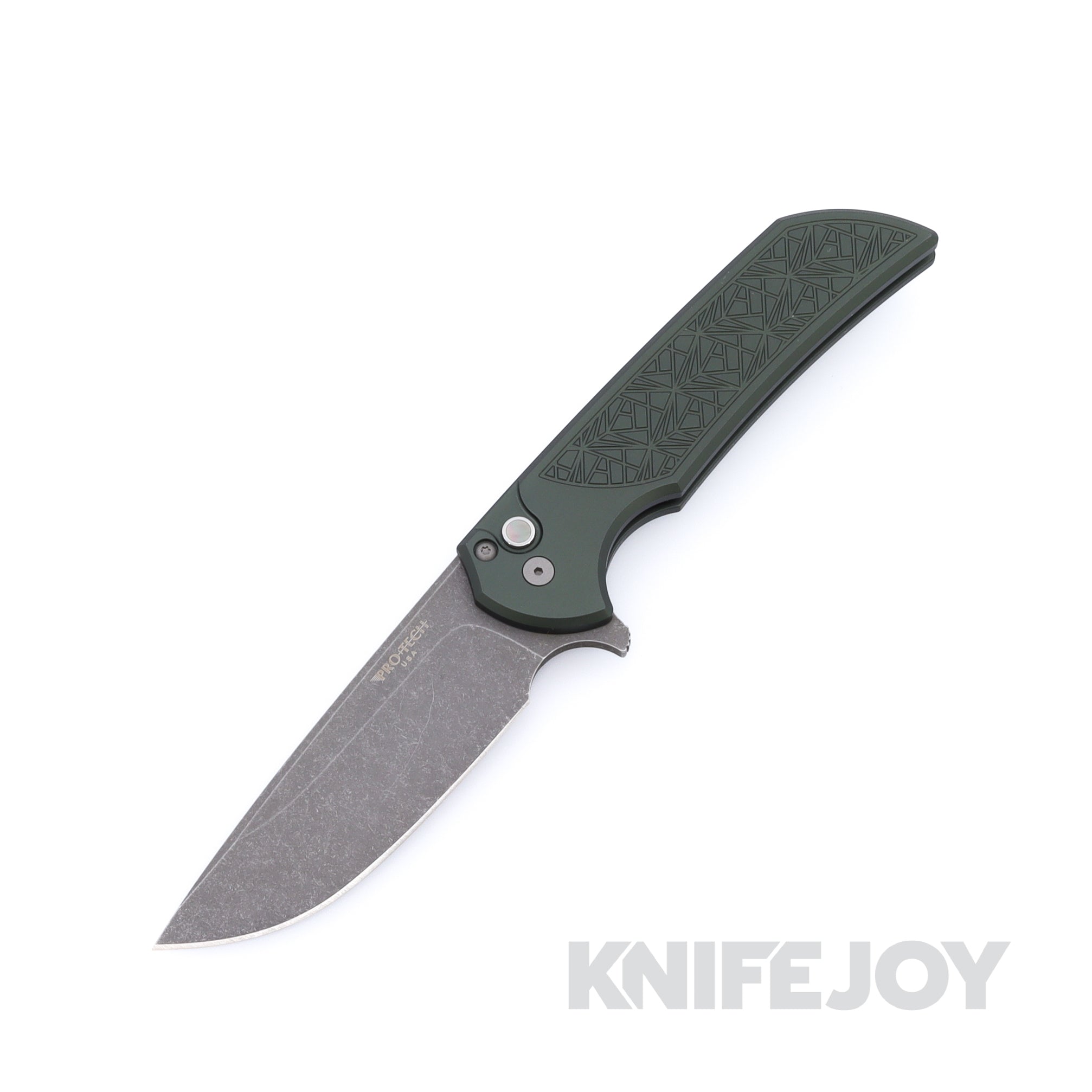 Pro-tech Knives BST26.Mordax.1 Mordax Acidwash 20CV Blade with NEXUS Textured Green Handle / Black Lip Pearl Button / Blasted Hardware and Clip