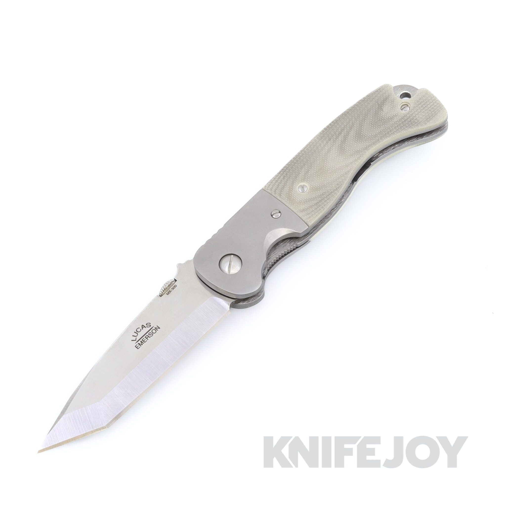 Lucas Emerson Custom MX-300 Hand Signed Tanto blade with White G10 Scales Titanium Bolsters