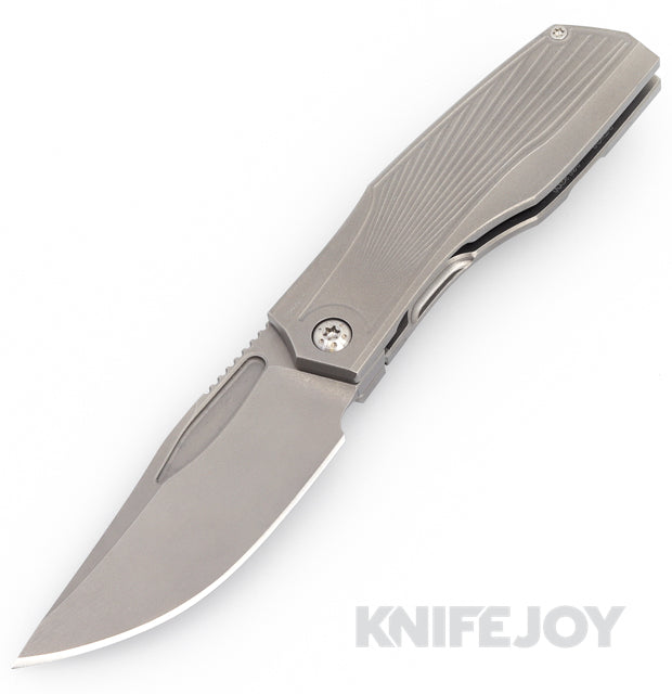 Prince Customs Protean Folder Knife 20CV Blade with Sunburst Textured Grey Handles and Timascus Clip