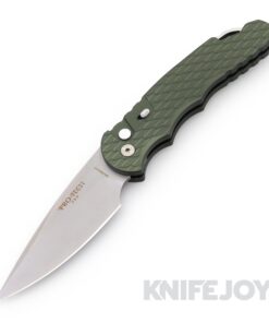 Pro-tech 2024 Bladeshow West TR-4 Green Feather Texture Handle, Steel Safety, Glass Breaker, Mother of Pearl Button, Stonewash Magnacut Blade, Wide Deep Carry Clip