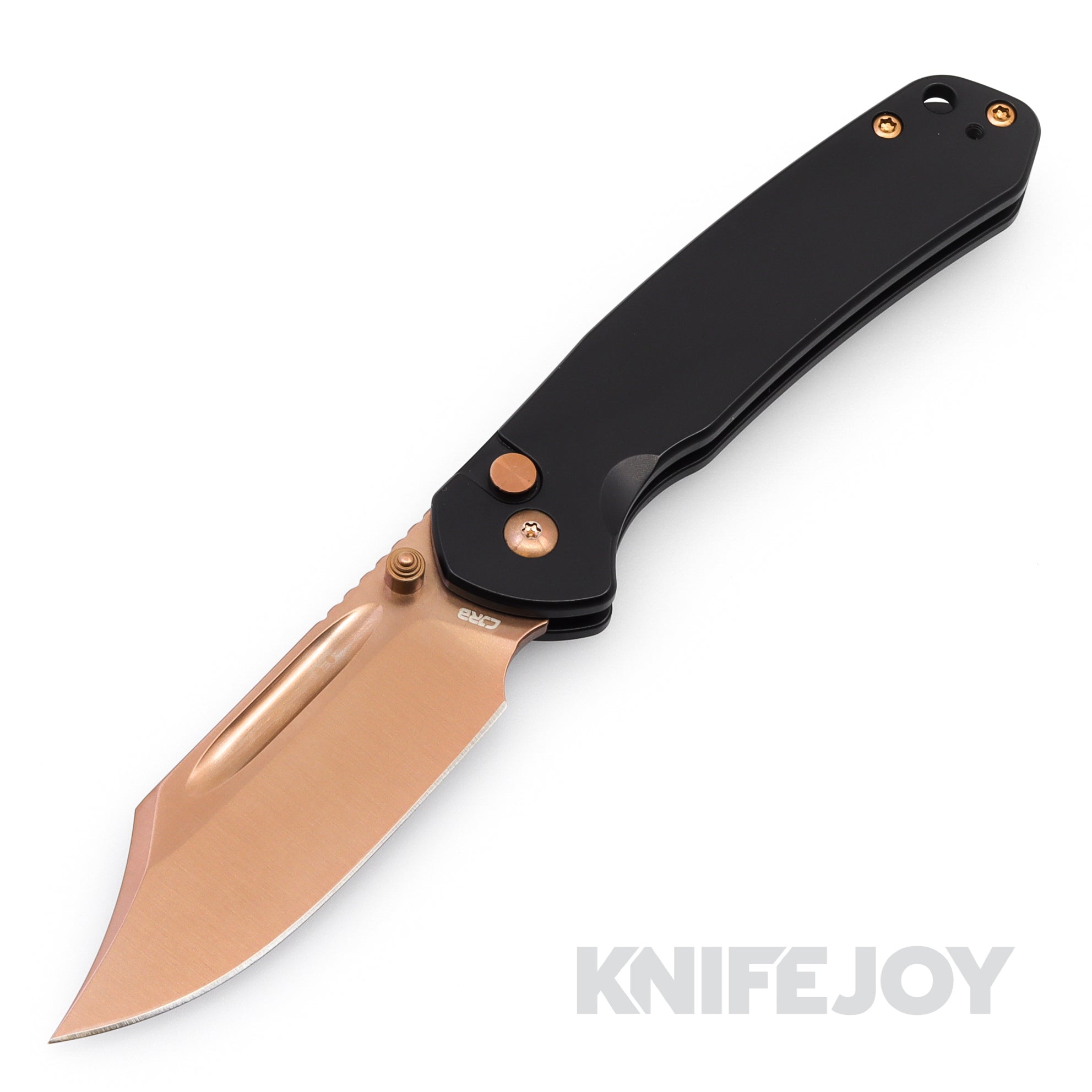 CJRB Cutlery CJRB-1942RG Bowie Pyrite Button Lock Folder Rose Gold Clip Point Blade with Black Steel Handles