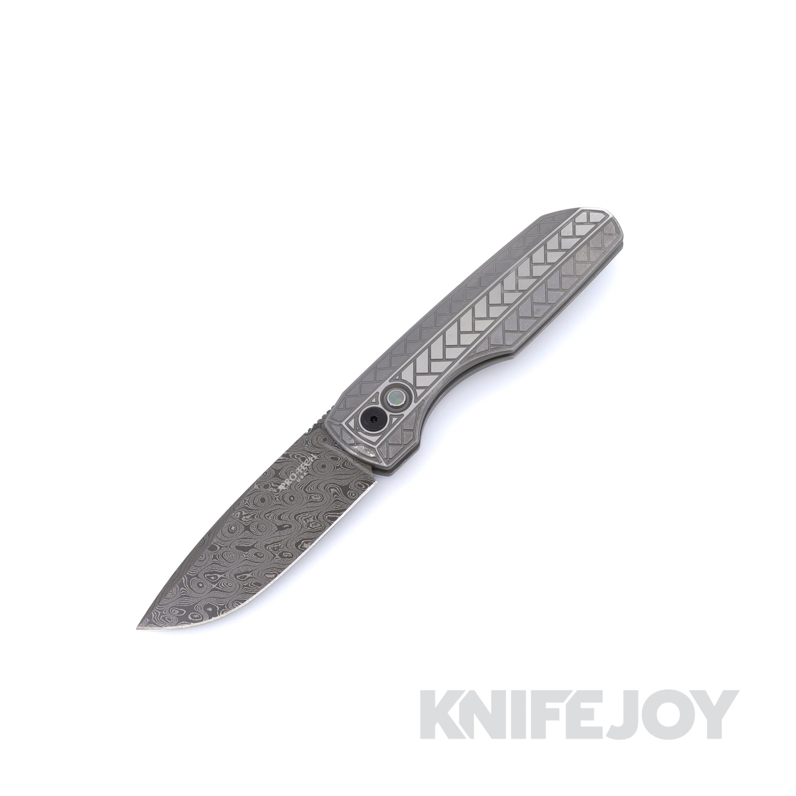 Pro-Tech 2026 Synapse 2 Custom 002 Auto Nichols Raindrop Damascus Blade with Herringbone Textured Heat-Treated 17-4 Stainless Handle