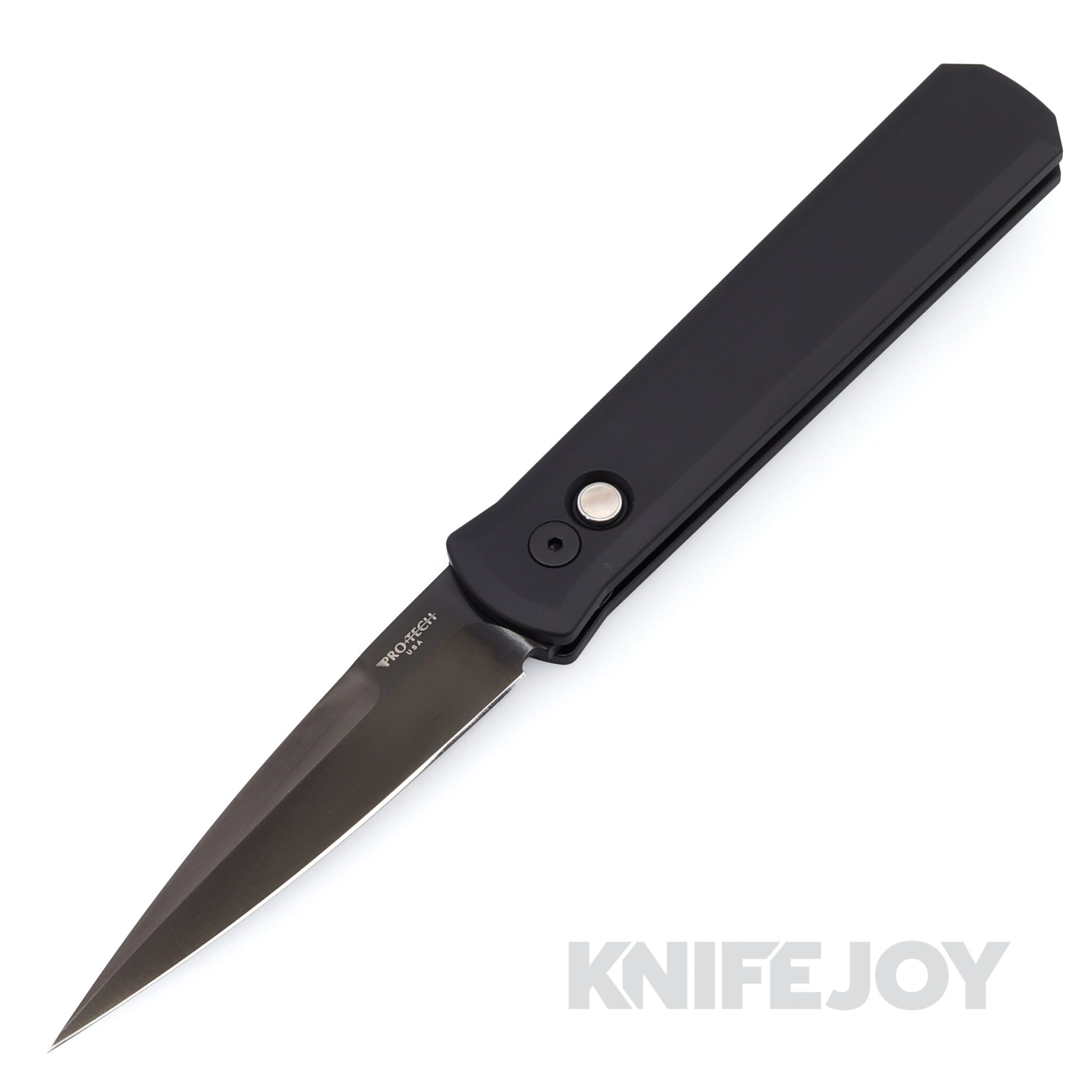 Pro-tech Knives 921-DARK GODFATHER Auto Plain Edge Black DLC Satin Blade with Black Aluminum Handles/ Black Lip Pearl Button/ Black Hardware
