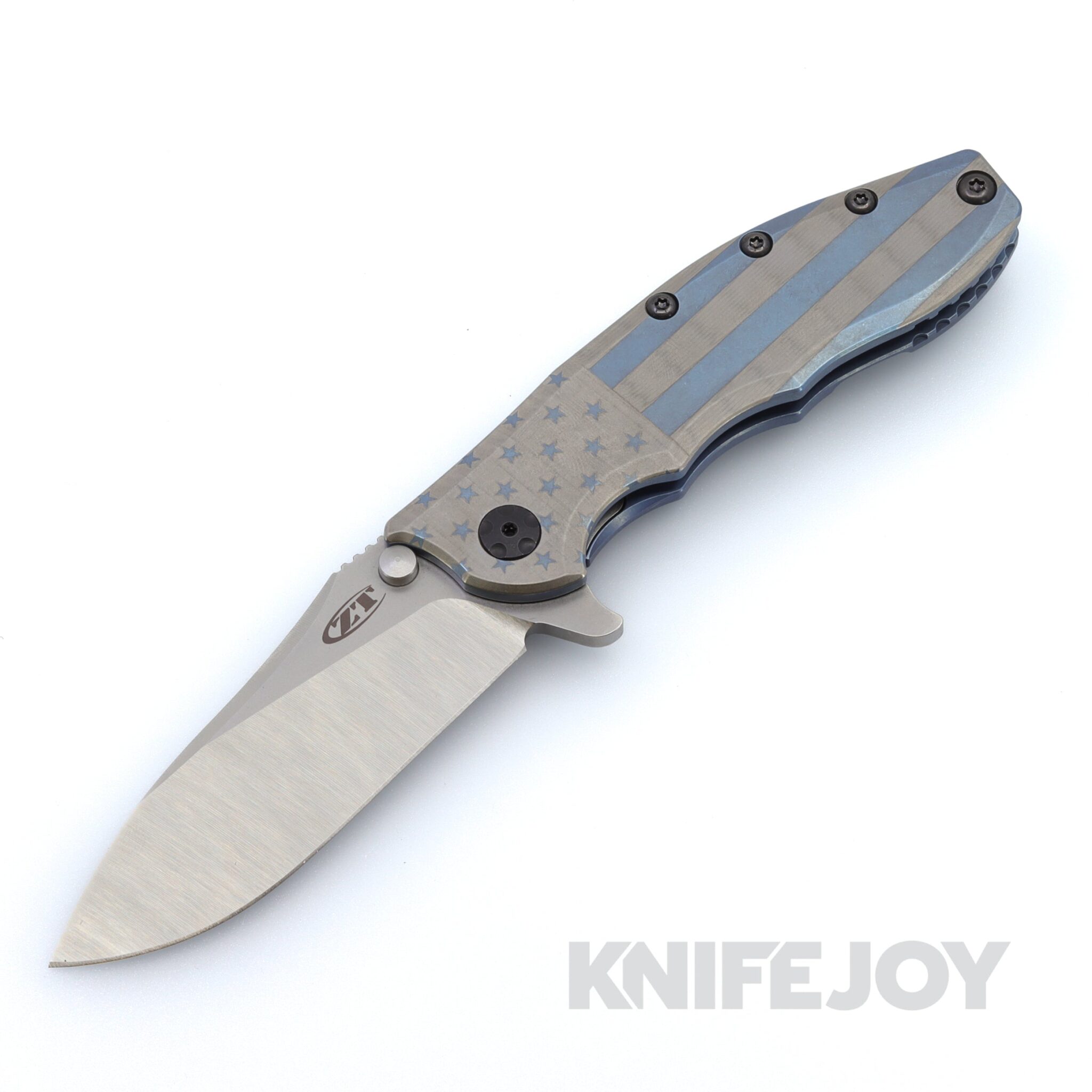 Zero Tolerance ZT 0562TI Rick Hinderer Design CPM-20CV Blade and Titanium Handles with Boatright Bladeworks Custom Blue/Silver Engraved American Flag