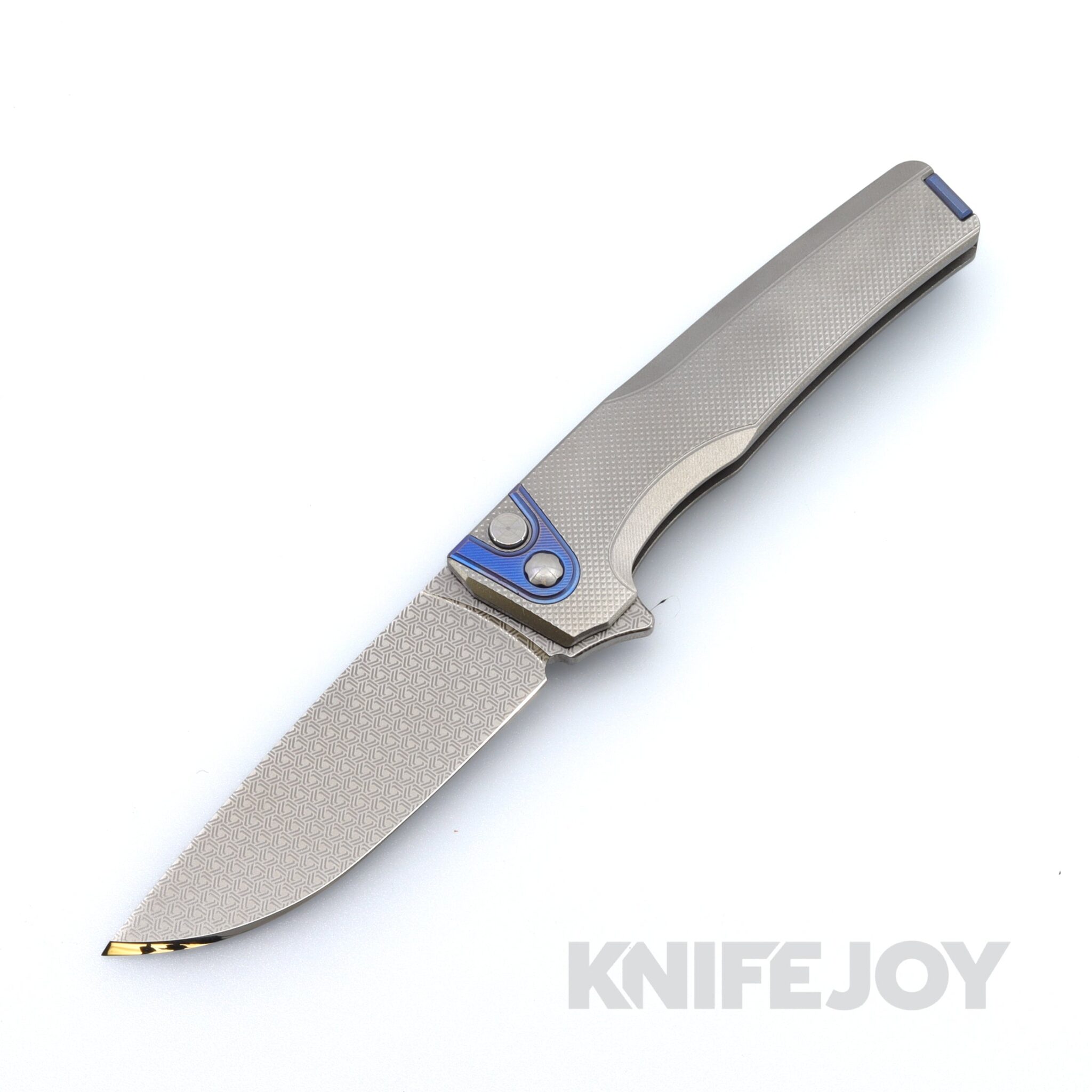MachineWise Sonora Button Lock Folder LP-4 Blade Texture Pattern with Diamond Textured Grade 5 Raw Titanium Handles / Navy Titanium Bolster and Clip