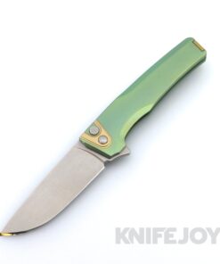 MachineWise Sonora Button Lock Folder Lightwash Blade with Fine Step Textured Grade 5 Green Titanium Handles / Gold Titanium Bolster and Clip