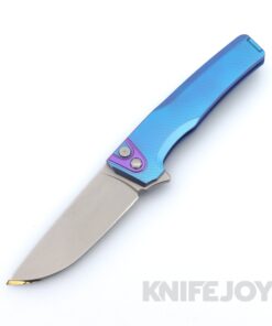 MachineWise Sonora Button Lock Folder Lightwash Blade with DIamond Textured Grade 5 Electric Blue Titanium Handles and Clip / Purple Titanium Bolster