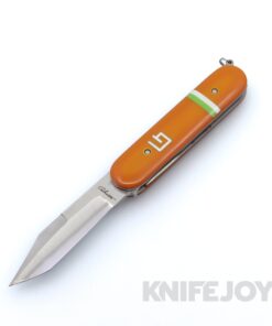 Chuck Gedraitis Custom Knives Switch Army Switchblade Knife AEB-L Tanto Blade with Orange Paper Micarta Scales / Green and White G10 Accents / Ti Liners and Hardware