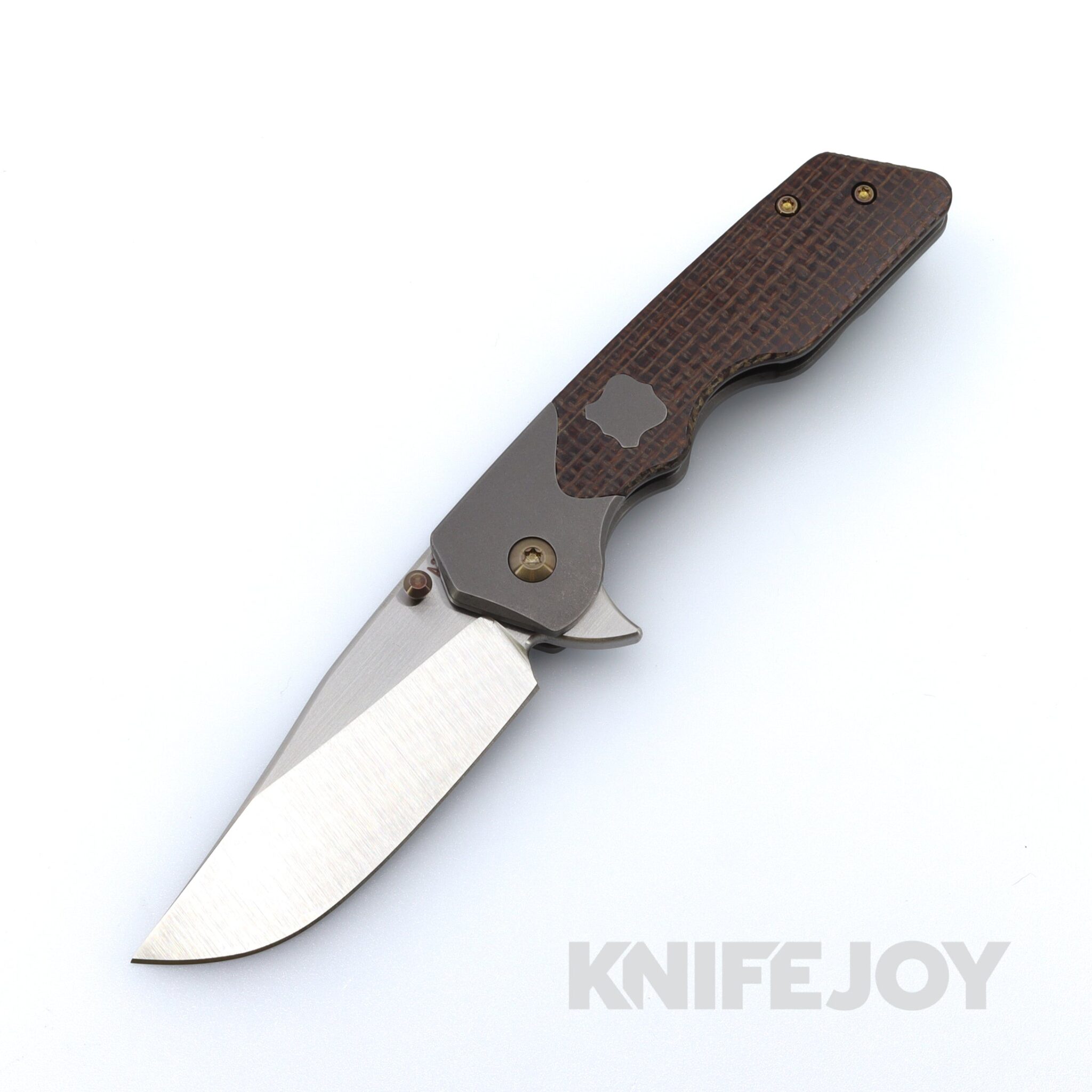 Attn2Detail Mercantile Knives Custom Mark 3 Medium Satin Magnacut Clip Point Blade with Integral Bolsters / Shield Inlay / Burlap Micarta Scales
