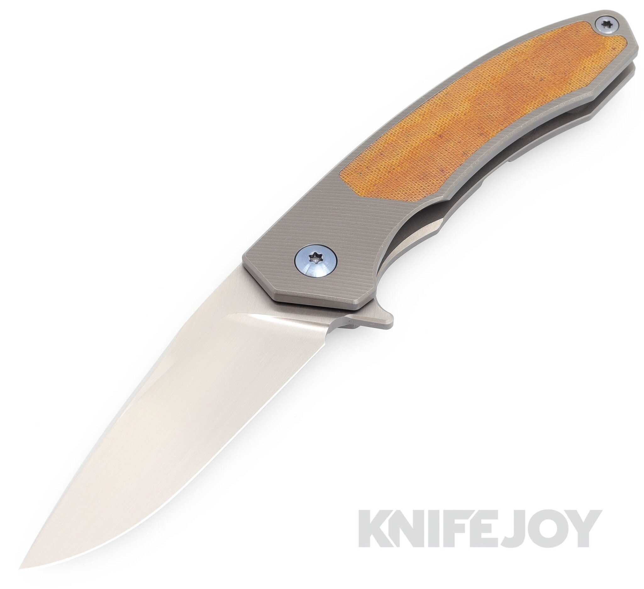 Trevor Burger Custom Knives TBC-DAKAR17 DAKAR Flipper Folder Plain Satin Blade with Micarta Inlay/ Titanium Handles/ Blue Hardware and Clip