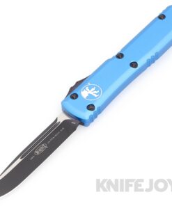 MICROTECH 121-1BLSF Ultratech OTF Auto Single Edge Drop Point Black Standard Blade/ Satin Flats with Blue Aluminum Handles