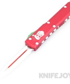 MICROTECH 122-1CMAS Ultratech OTF Auto Signature Series Double Edge Candy Cane Blade with Red Candy Cane Aluminum Handles/ Green Clip