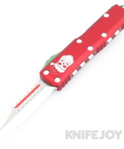MICROTECH 719W-1CMAS UTX-85 Warhound OTF Auto Signature Series Double Edge Candy Cane Blade with Red Candy Cane Aluminum Handles/ Green Clip